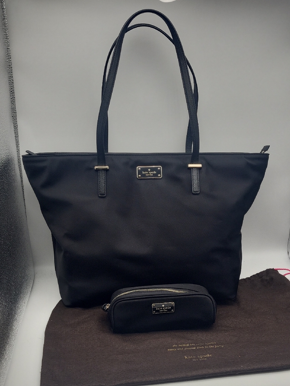 kate spade black nylon tote with matching black pouch
